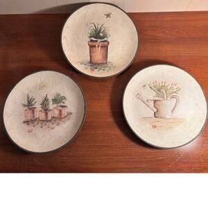 Set of 3 Decorative Plates Garden Watering Can Pots Flowers Rustic Cheri Blum